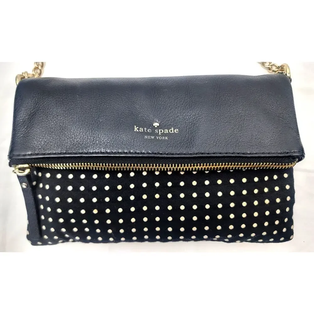 Kate Spade Polka Dot Foldover Crossbody Chain Bag Black White